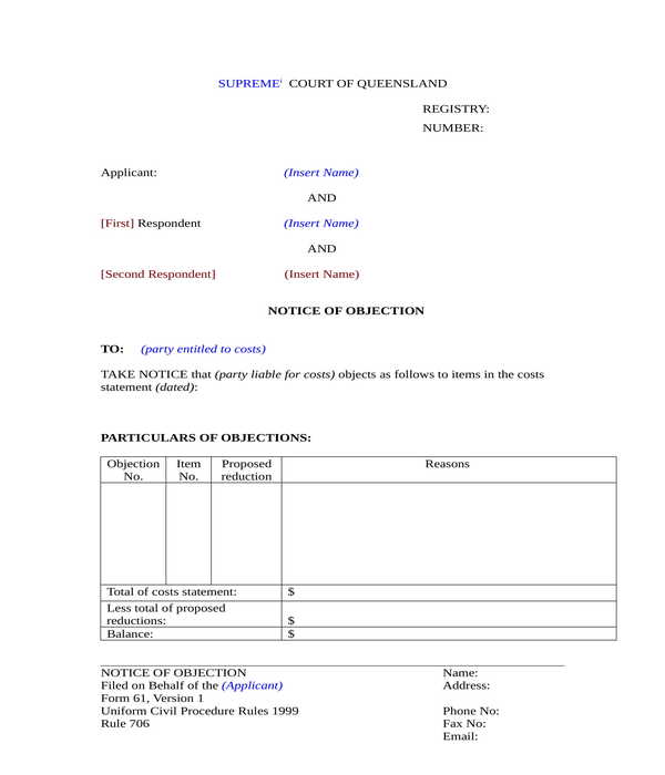 notice of objection form in doc