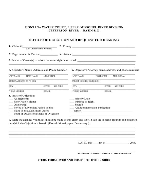 notice of objection and hearing request form