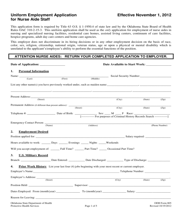 nurse aide staff uniform employment application form