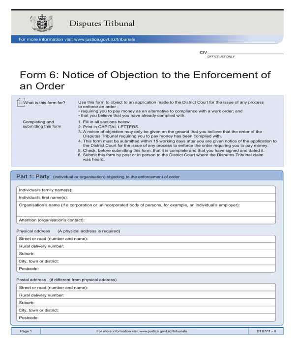 order enforcement notice of objection form
