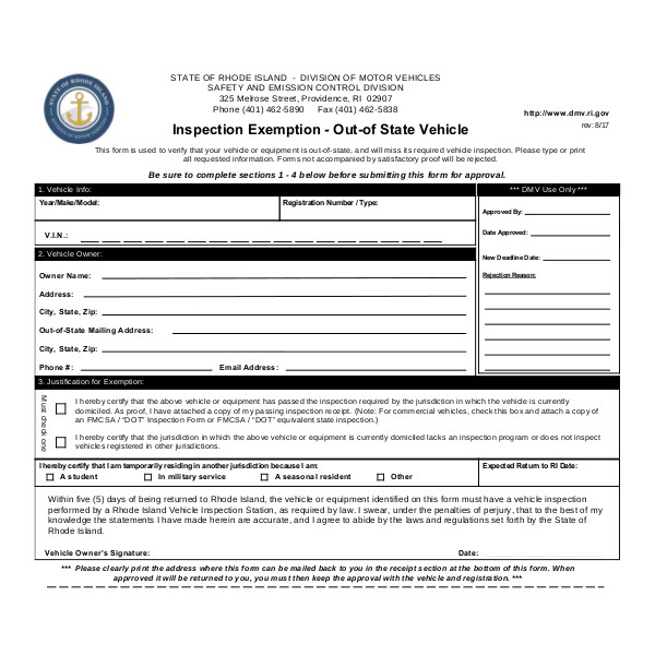 out of state vehicle inspection exemption form