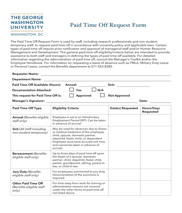 paid time off request form sample