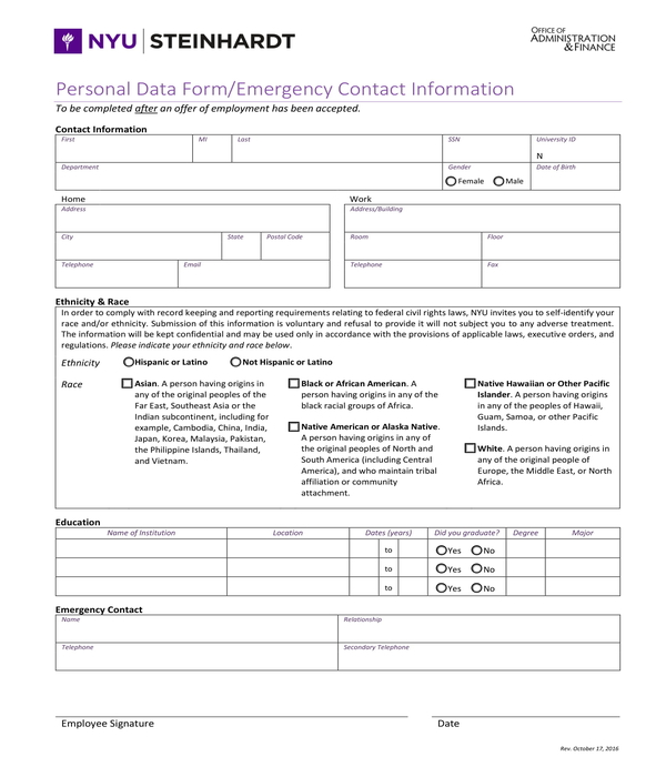 personal data and emergency contact information form