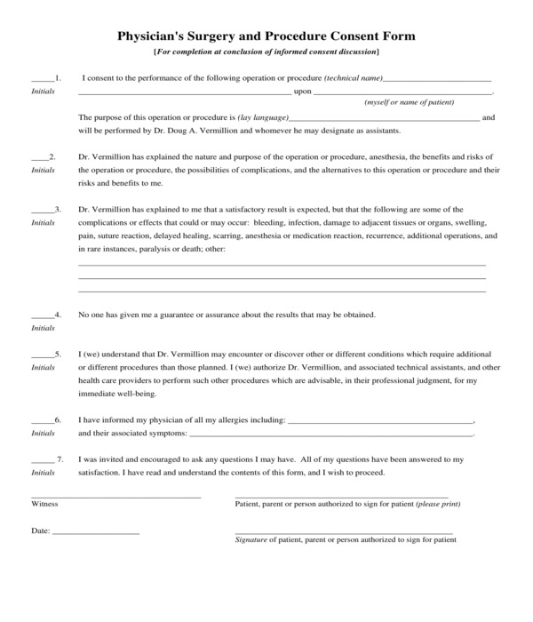 physicians surgery and procedure consent form