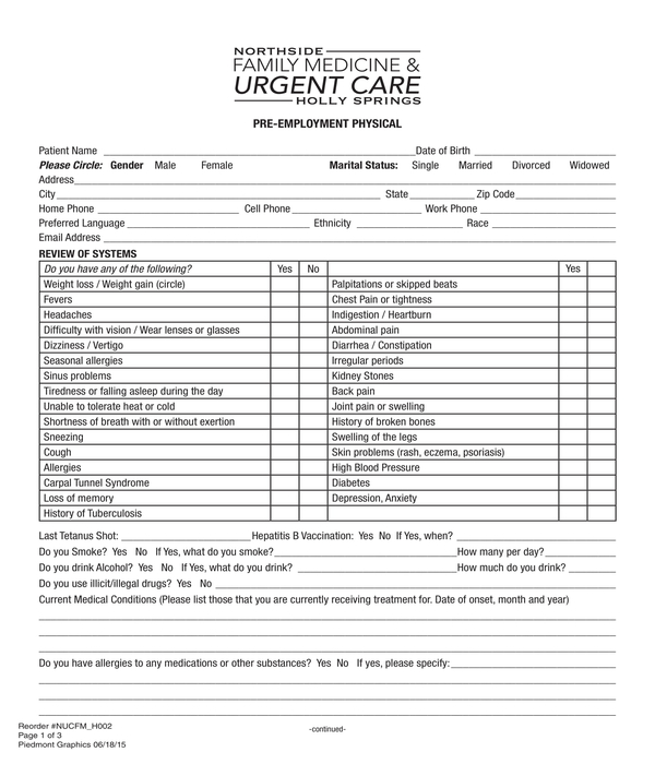 pre employment physical form sample