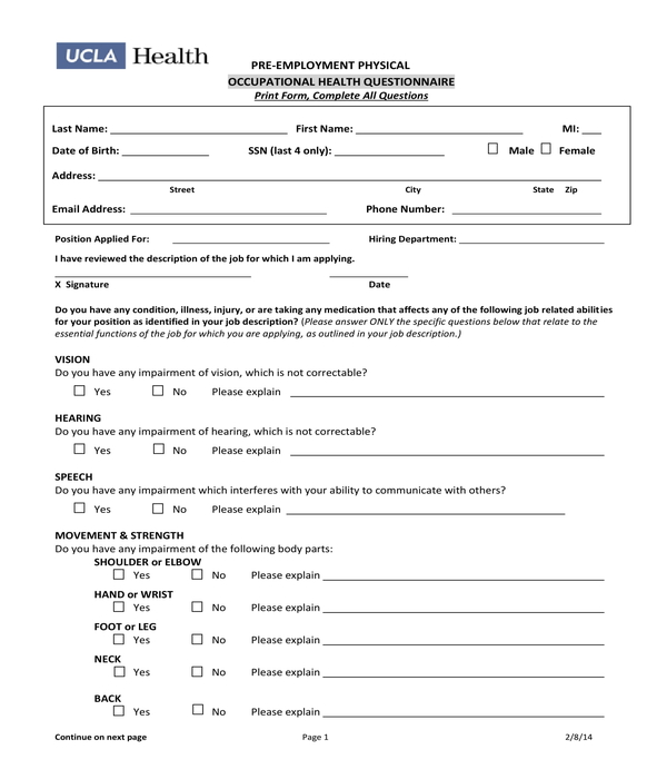 pre employment physical health questionnaire form