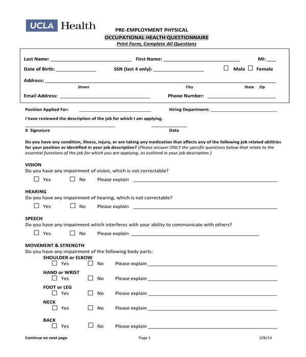 Free 5 Blank Pre Employment Physical Forms In Pdf 8080