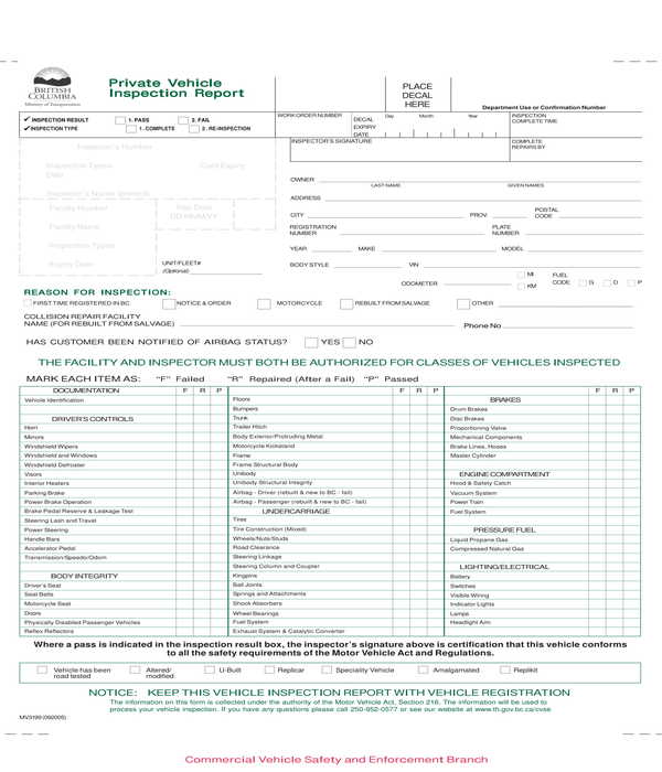 private car vehicle inspection report form