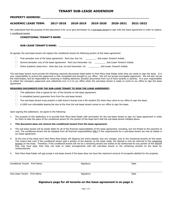 real estate tenant sub lease addendum form