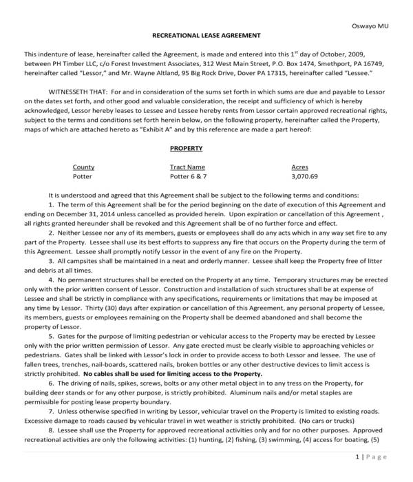 recreational hunting lease agreement form