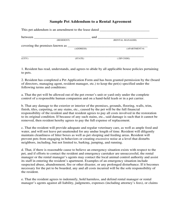 rental agreement pet addendum form