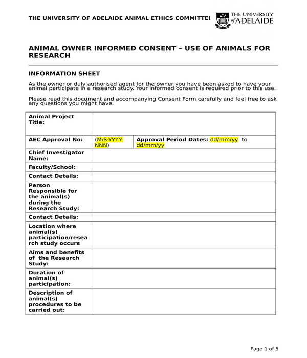 research animal owner informed consent form