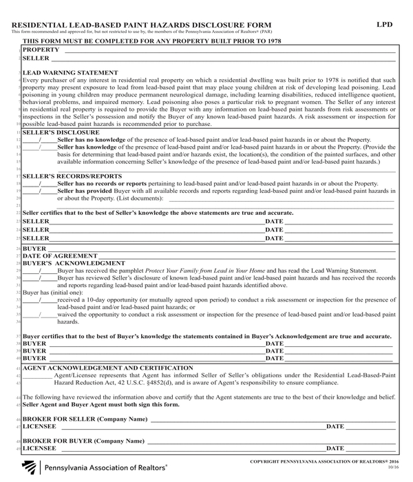 residential lead based paint hazards disclosure form