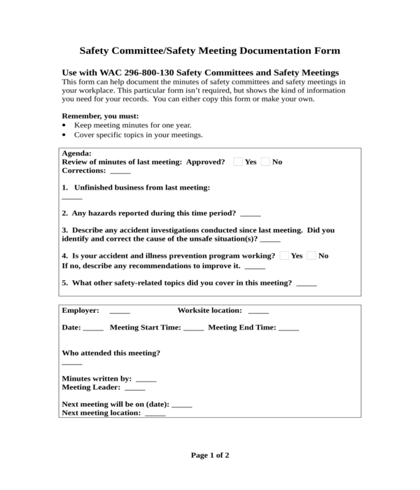 safety meeting minutes documentation form