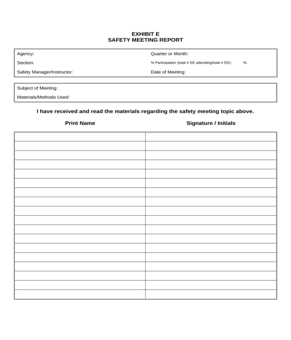 Printable Safety Meeting Sign In Sheet