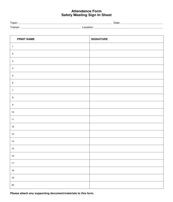 safety meeting sign in sheet form