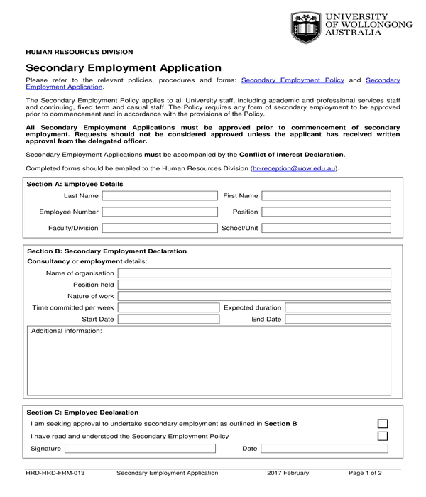 secondary employment application form