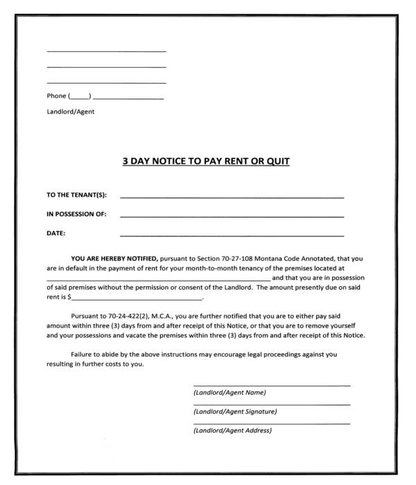 FREE 8 Three Day Notice To Pay Rent Or Quit Forms In PDF MS Word