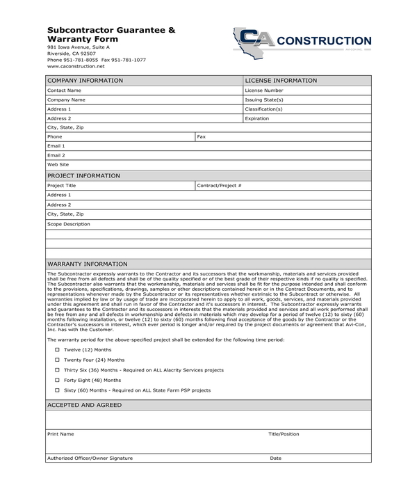 subcontractor guarantee and warranty form