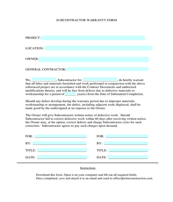 subcontractor warranty form sample