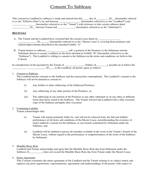 sublease consent form sample