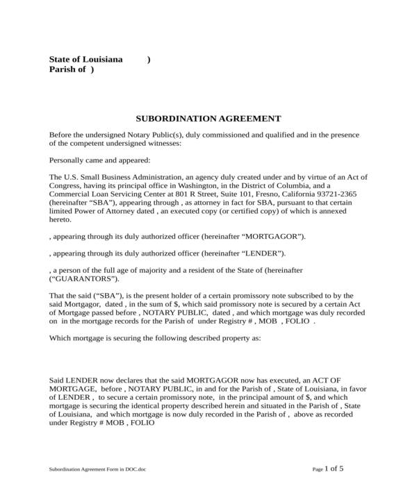 subordination agreement form in doc