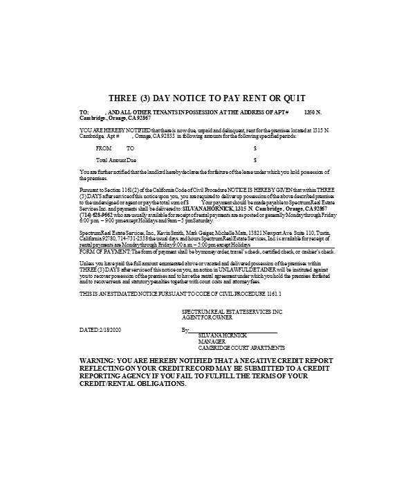 FREE 8+ Three-Day Notice to Pay Rent or Quit Forms in PDF | MS Word
