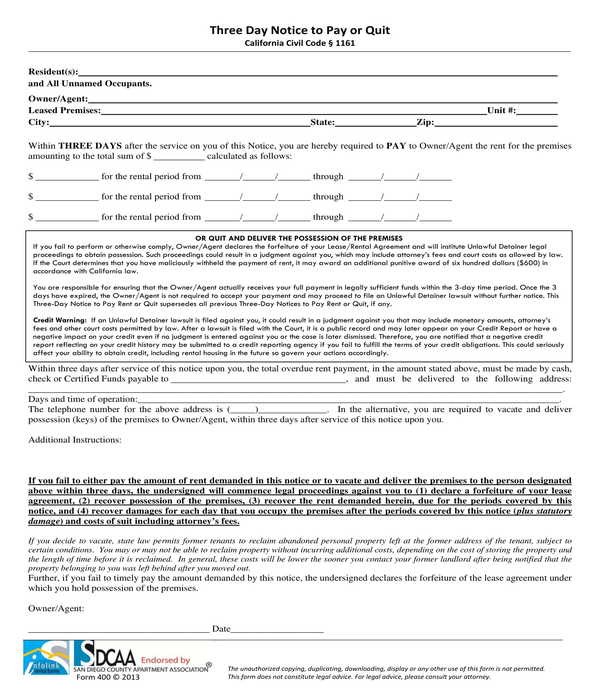 FREE 8+ Three-Day Notice to Pay Rent or Quit Forms in PDF | MS Word