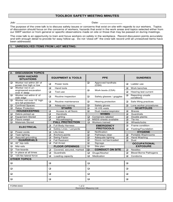 general construction safety form toolbox talks printable free