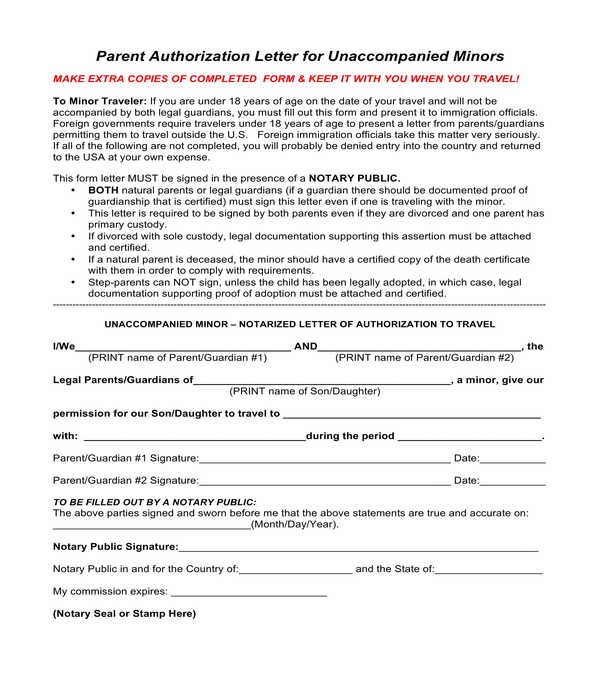unaccompanied minor travel consent parent authorization form