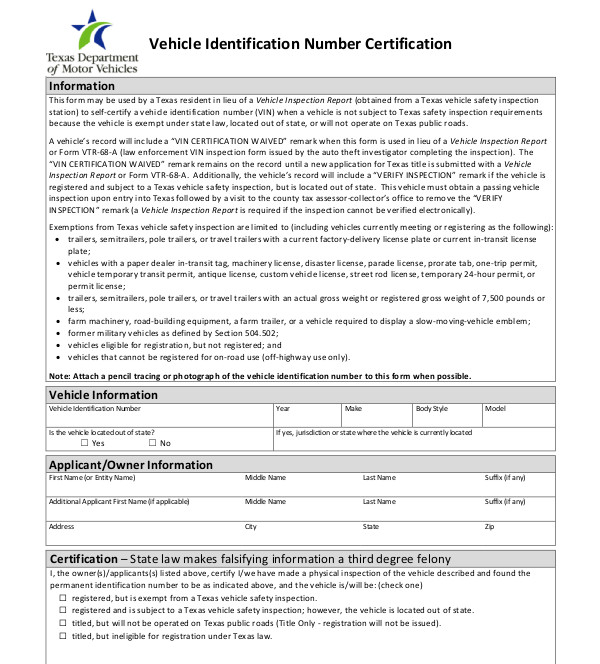 vehicle identification number certification form