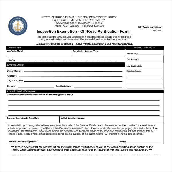 vehicle inspection exemption form