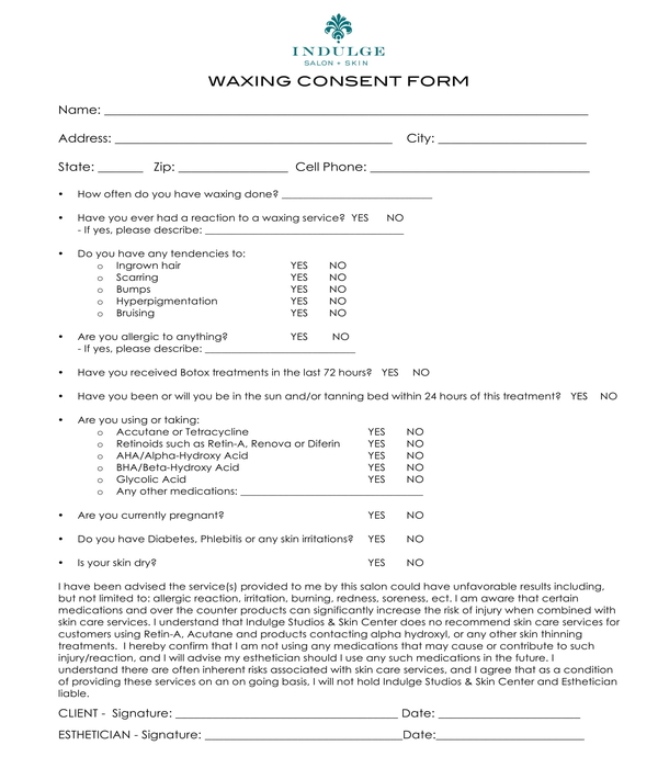 Waxing Consent Form Template TUTORE ORG Master Of Documents