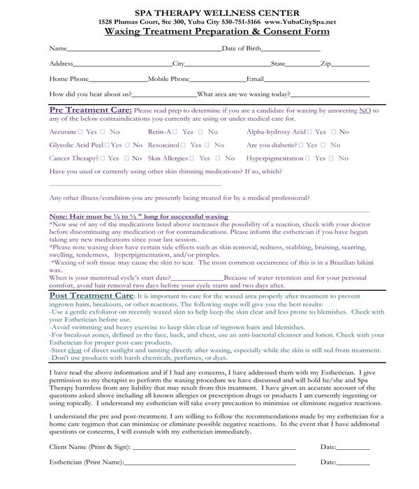 waxing treatment preparation and consent form