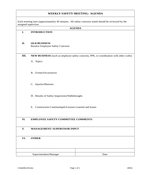 Safety Meeting Agenda Template Free Sample Example Format Template