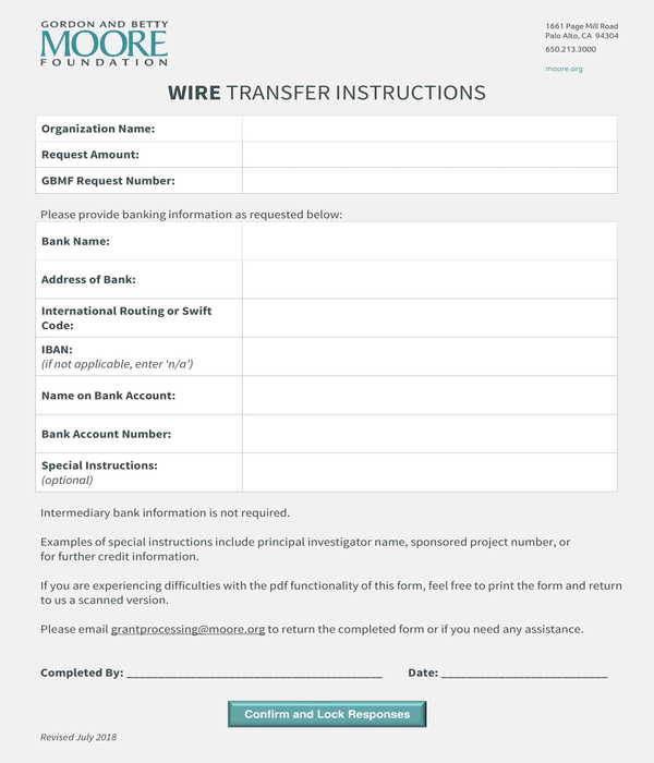 wire transfer instructions form sample