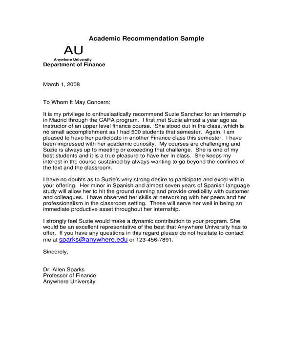 recommendation letter for student internship