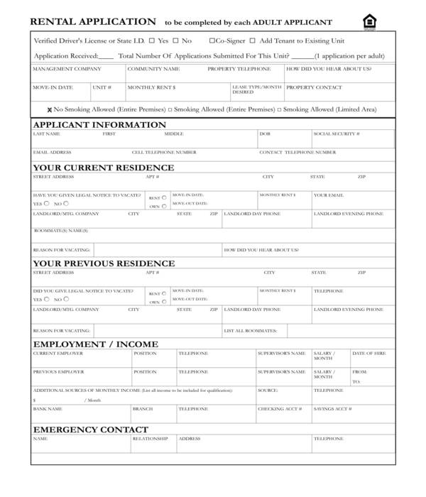 adult tenant house rental application form