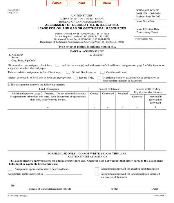 assignment of record title interest in a lease for oil form