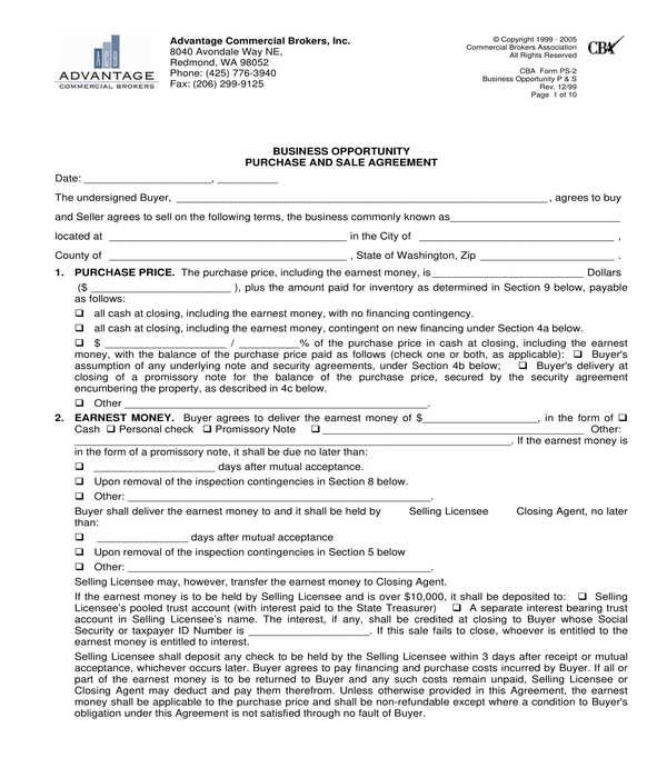 business opportunity bill of sale form