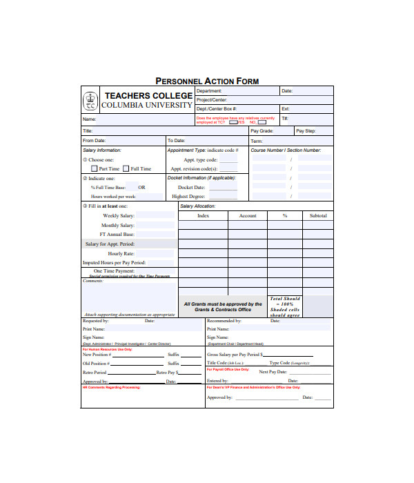 college personnel action form