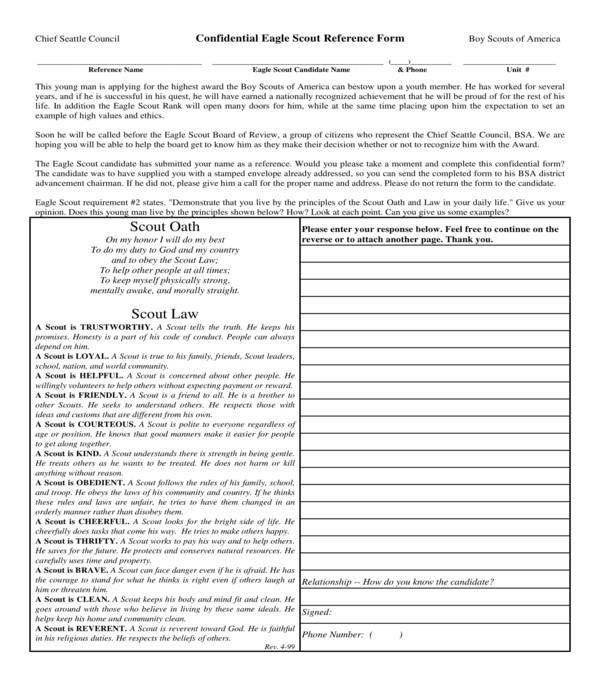 confidential eagle scout reference recommendation letter form