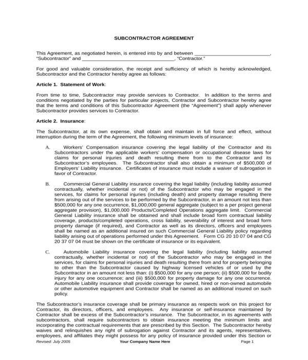 construction electrical subcontractor agreement form
