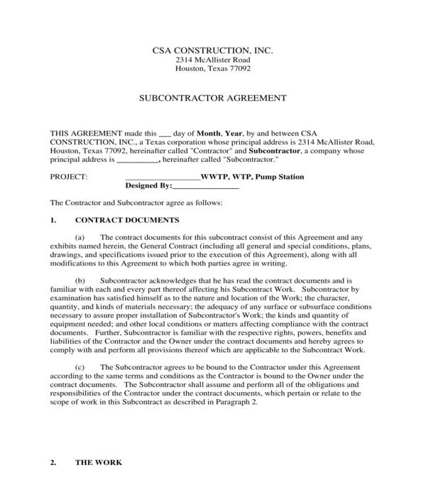 construction subcontractor agreement form sample