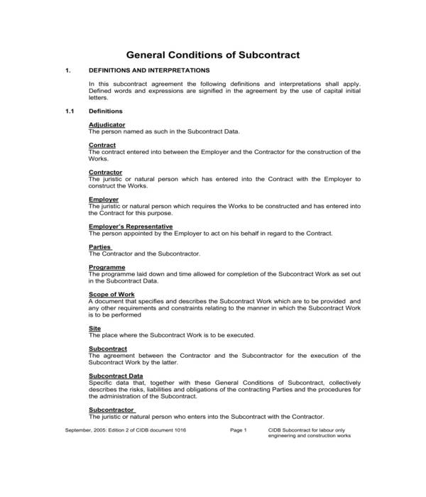 construction works subcontractor agreement form