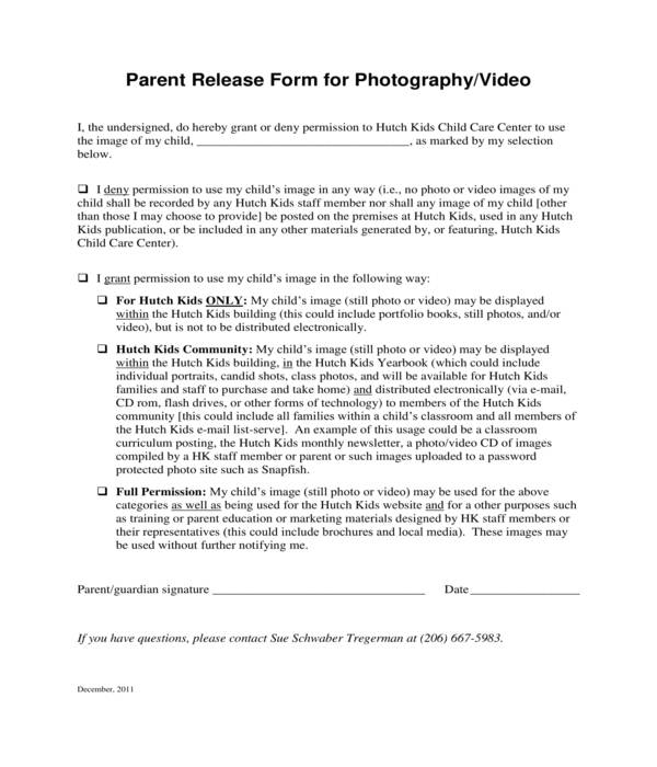 daycare photography parental release form