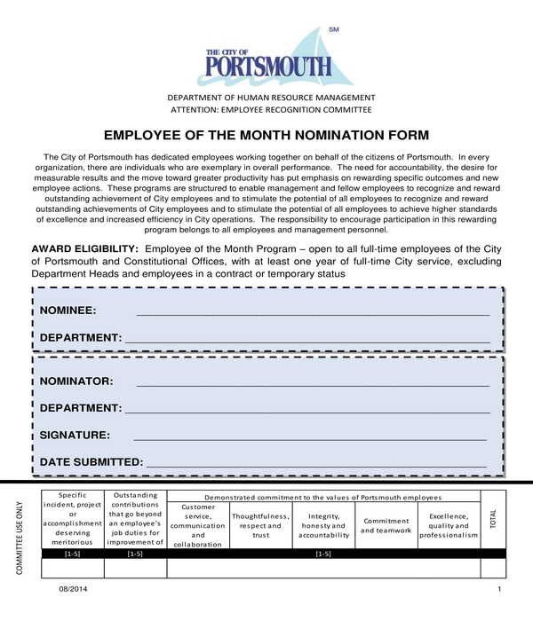 FREE 10+ Employee of the Month Nomination Forms in PDF MS Word