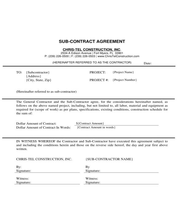 generic construction subcontractor agreement form