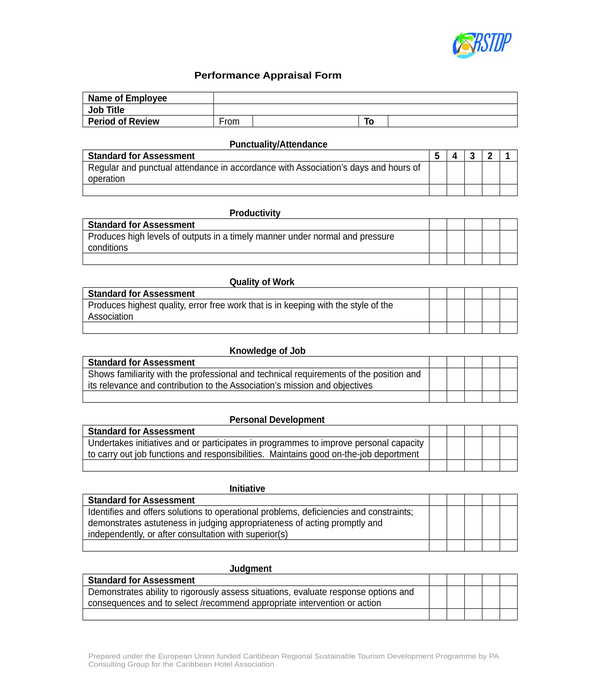hotel employee performance appraisal feedback form
