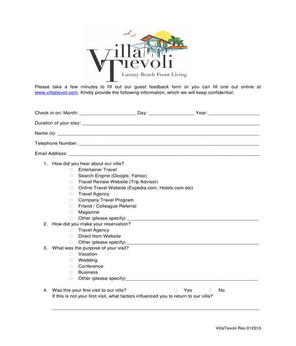 hotel feedback form sample